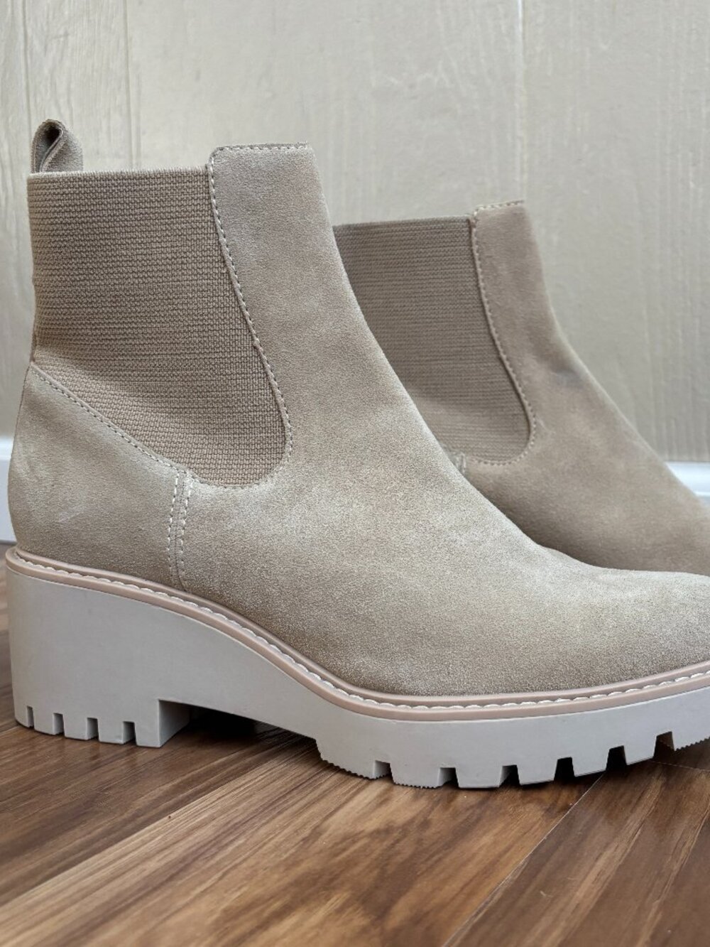 Dolce Vita Suede Neutral Lugged Wedge Huxly Dune Booties